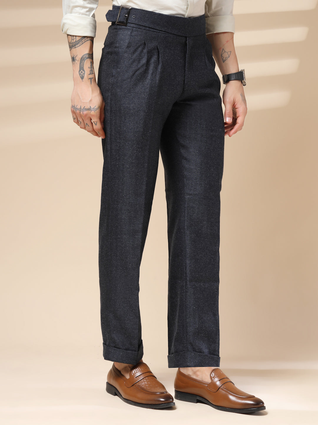 Navy Classic Buckle Herringbone Gurkha Pants | Boot Cut Fit by ITALIAN VEGA®