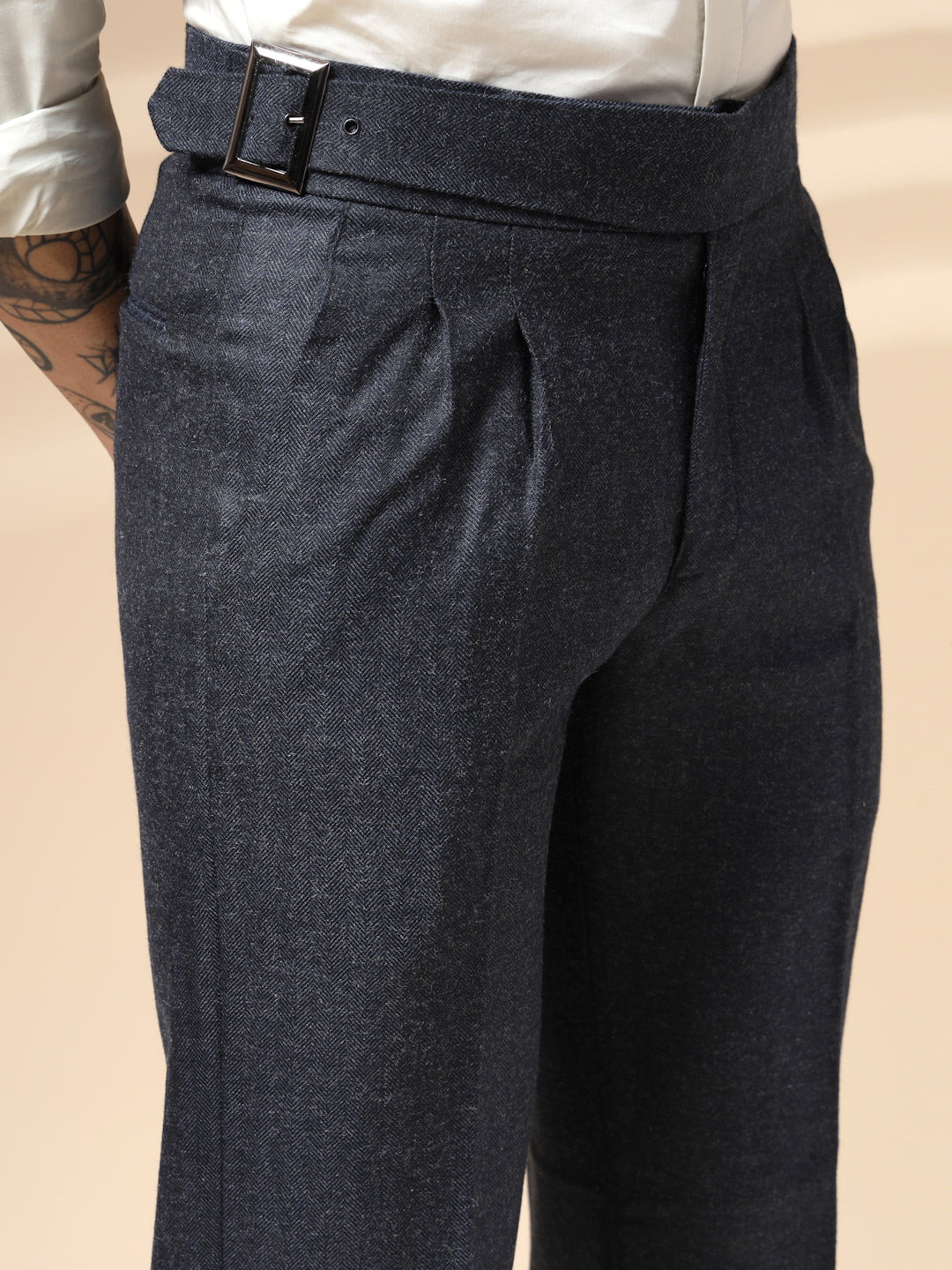 Navy Classic Buckle Herringbone Gurkha Pants | Boot Cut Fit by ITALIAN VEGA®