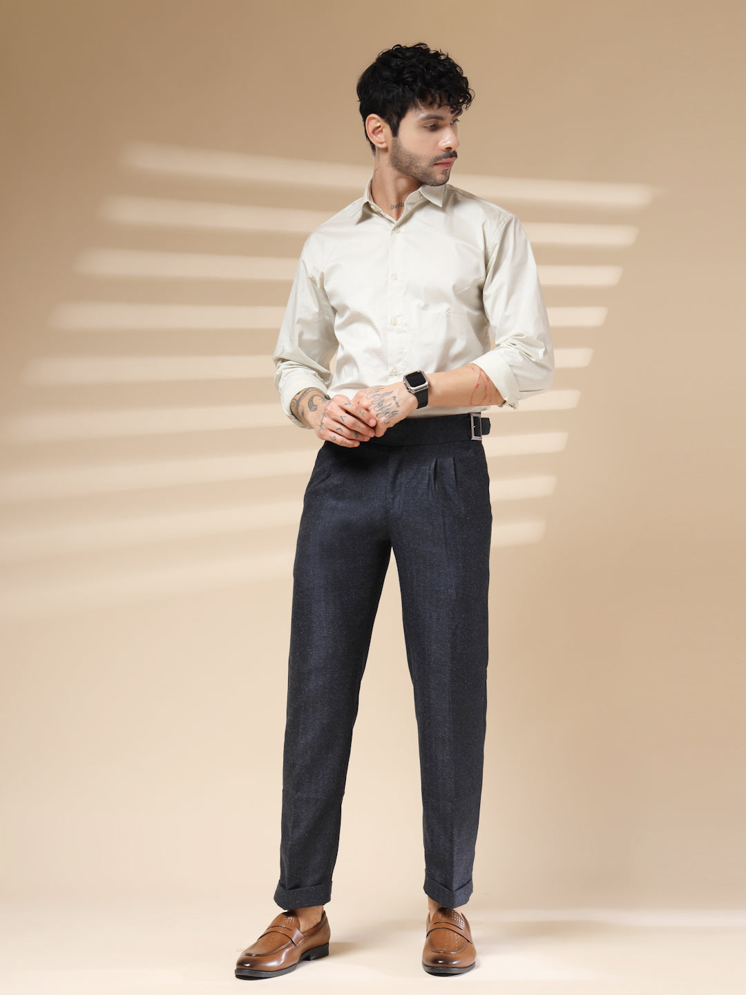 Navy Classic Buckle Herringbone Gurkha Pants | Boot Cut Fit by ITALIAN VEGA®