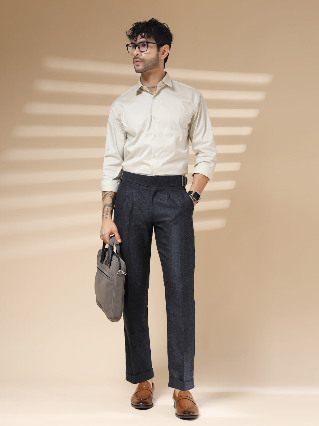 Navy Classic Buckle Herringbone Gurkha Pants | Boot Cut Fit by ITALIAN VEGA®