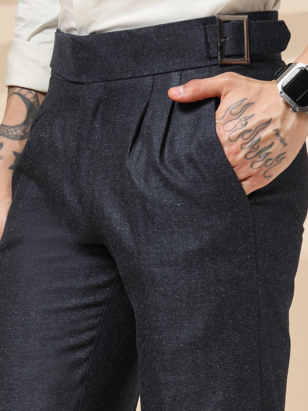 Navy Classic Buckle Herringbone Gurkha Pants | Boot Cut Fit by ITALIAN VEGA®