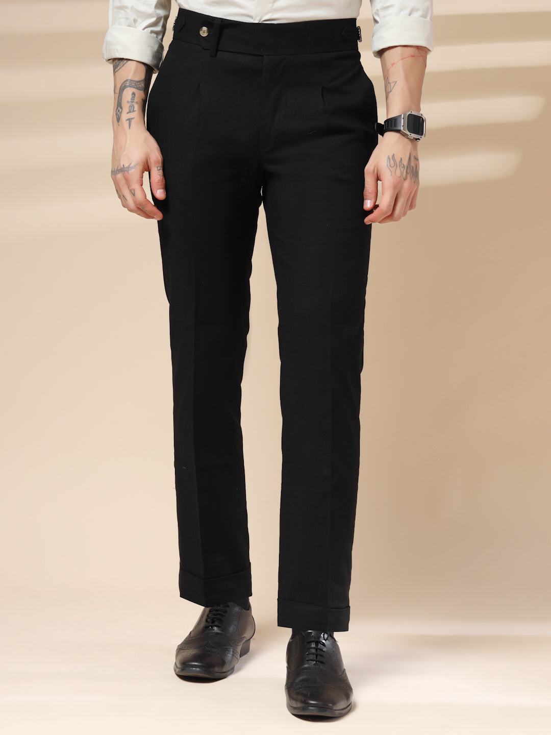 Black Elegant Linen Gurkha Pants | Boot Cut Fit by ITALIAN VEGA®