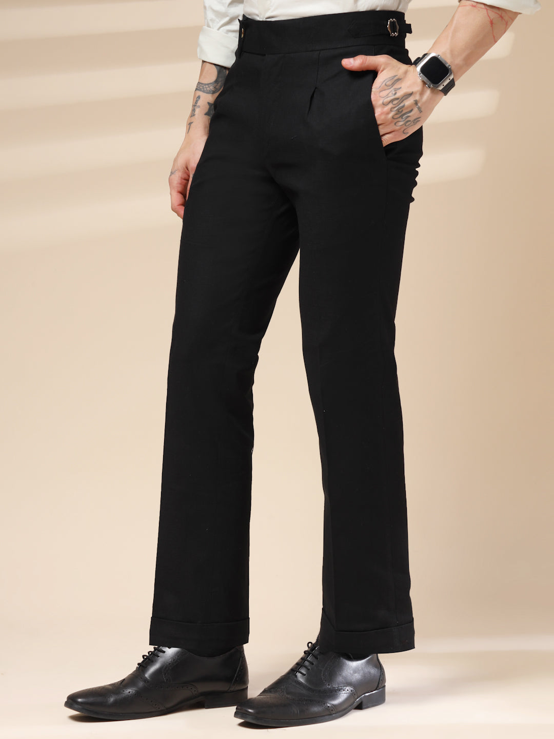 Black Elegant Linen Gurkha Pants | Boot Cut Fit by ITALIAN VEGA®