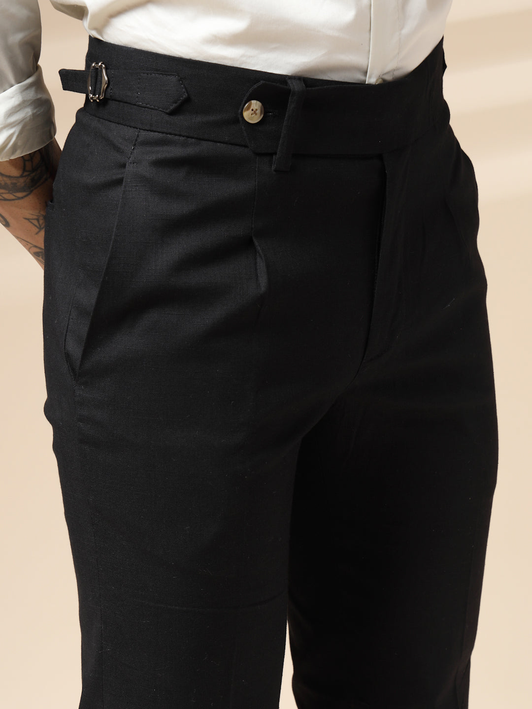Black Elegant Linen Gurkha Pants | Boot Cut Fit by ITALIAN VEGA®