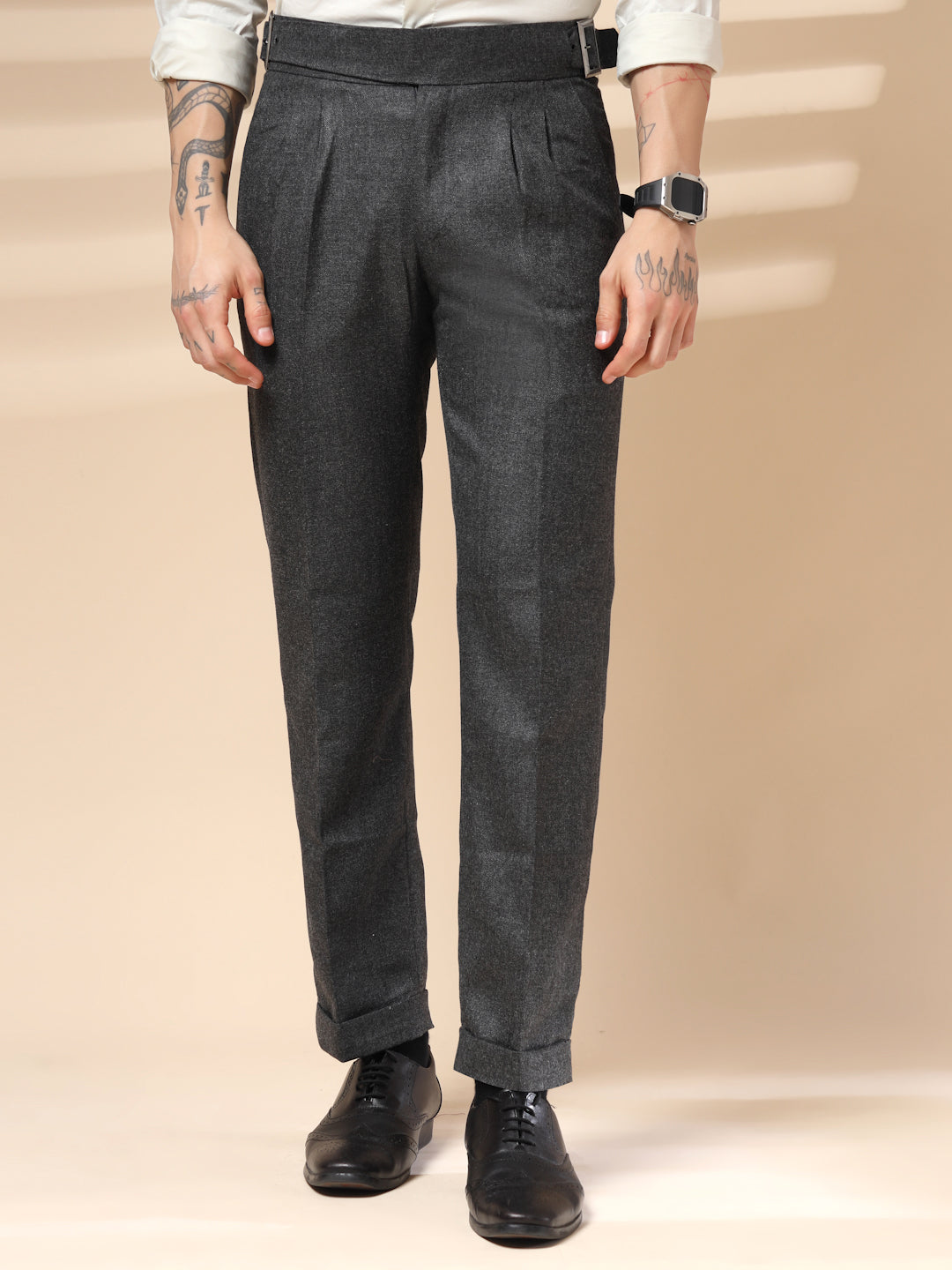 Grey Classic Buckle Herringbone Gurkha Pants | Boot Cut Fit by ITALIAN VEGA®