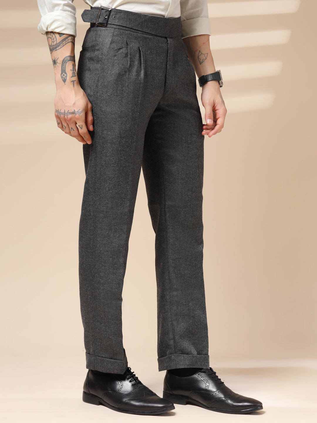 Grey Classic Buckle Herringbone Gurkha Pants | Boot Cut Fit by ITALIAN VEGA®