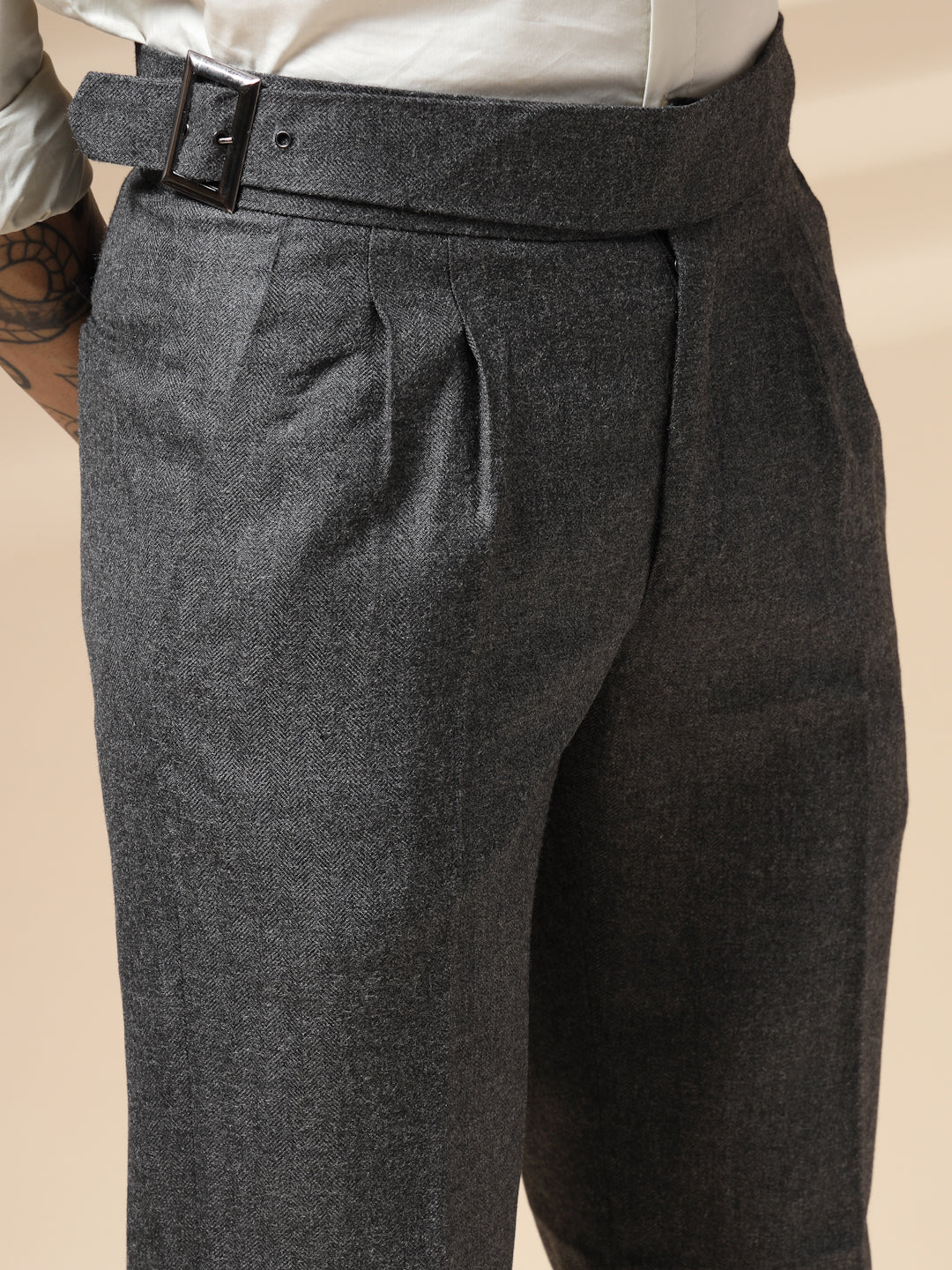Grey Classic Buckle Herringbone Gurkha Pants | Boot Cut Fit by ITALIAN VEGA®