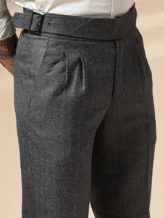Grey Classic Buckle Herringbone Gurkha Pants | Boot Cut Fit by Italian Vega®