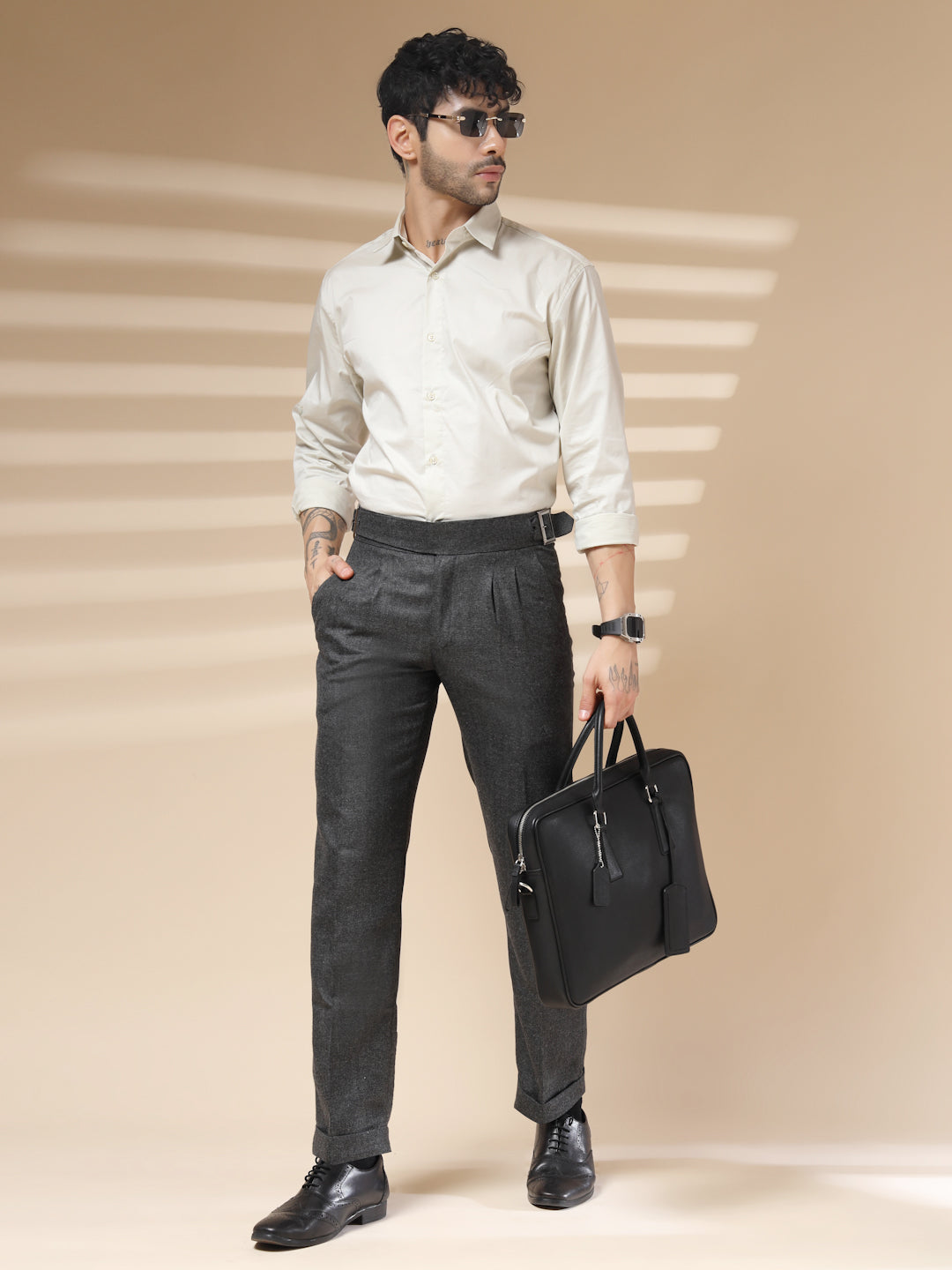 Grey Classic Buckle Herringbone Gurkha Pants | Boot Cut Fit by ITALIAN VEGA®