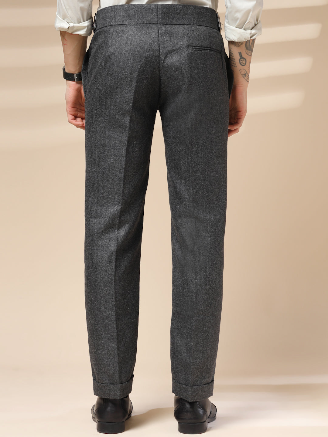 Grey Classic Buckle Herringbone Gurkha Pants | Boot Cut Fit by ITALIAN VEGA®