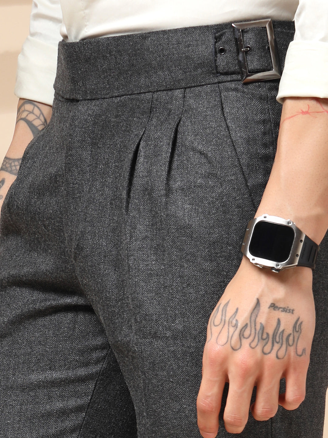 Grey Classic Buckle Herringbone Gurkha Pants | Boot Cut Fit by ITALIAN VEGA®