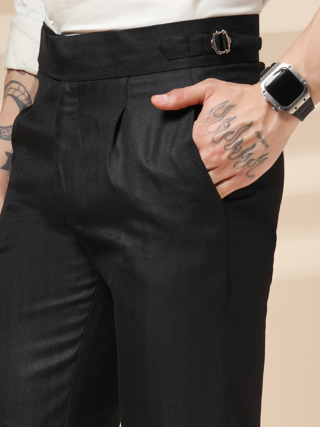 Black Exotic Herringbone Gurkha Pants | Boot Cut Fit by ITALIAN VEGA®