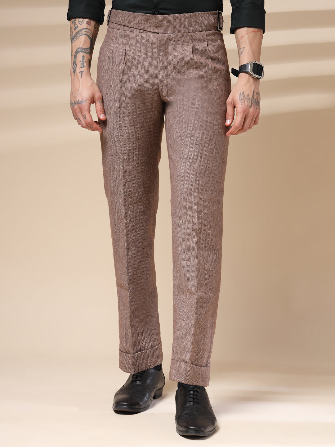 Khakhi Classic Buckle Herringbone Gurkha Pants | Boot Cut Fit by ITALIAN VEGA®