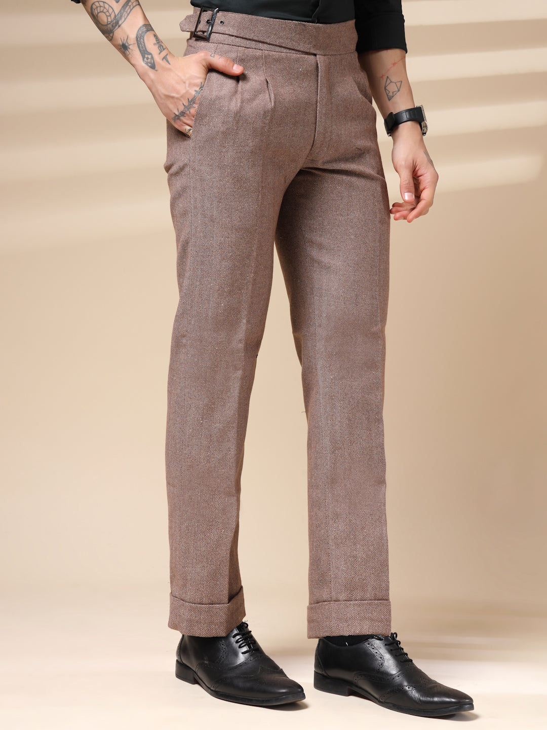 Khakhi Classic Buckle Herringbone Gurkha Pants | Boot Cut Fit by ITALIAN VEGA®