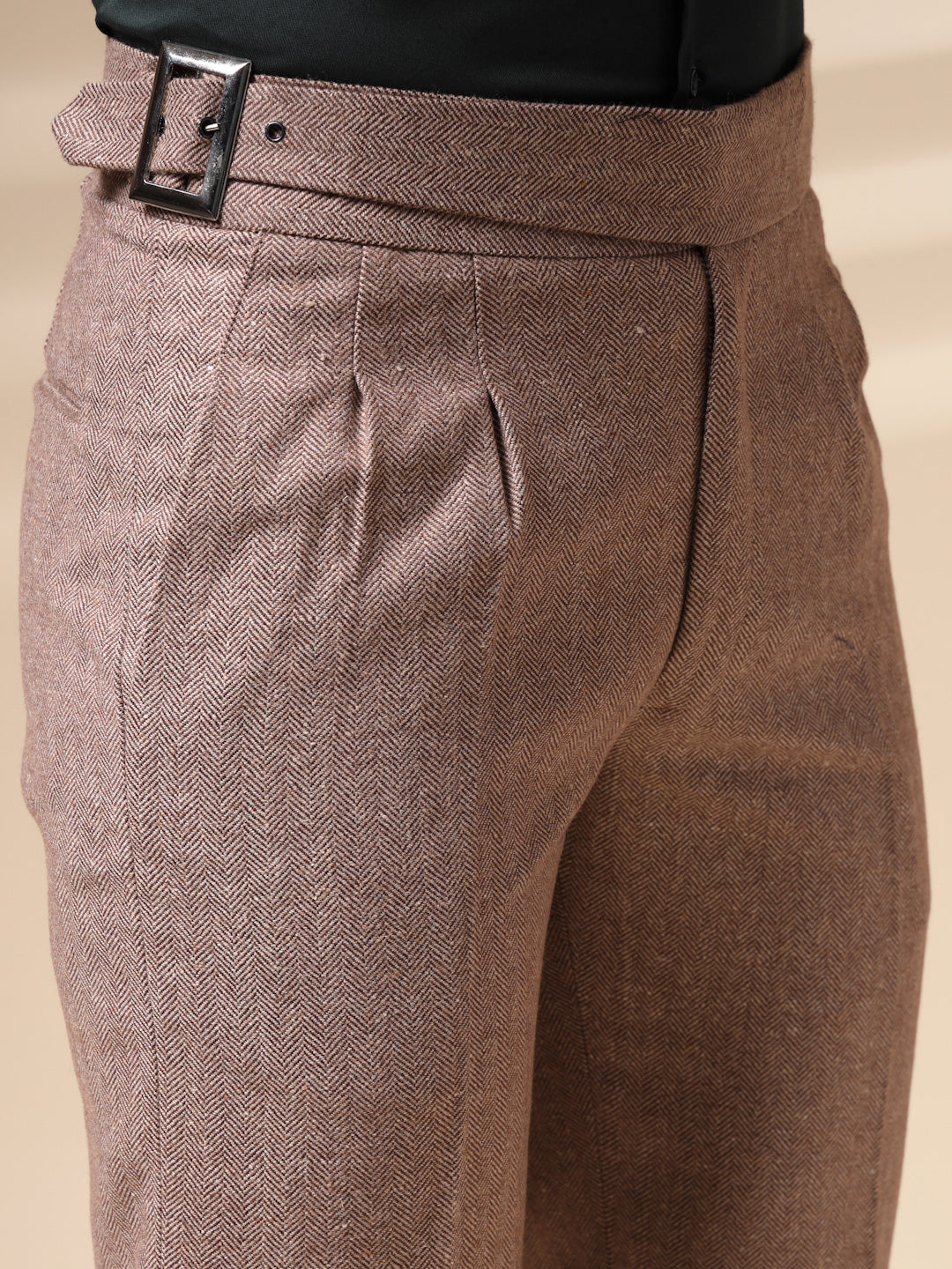 Khakhi Classic Buckle Herringbone Gurkha Pants | Boot Cut Fit by ITALIAN VEGA®