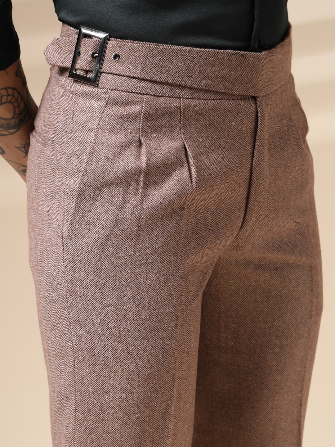 Khakhi Classic Buckle Herringbone Gurkha Pants | Boot Cut Fit by ITALIAN VEGA®