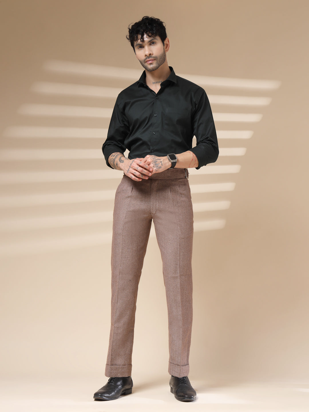 Khakhi Classic Buckle Herringbone Gurkha Pants | Boot Cut Fit by ITALIAN VEGA®