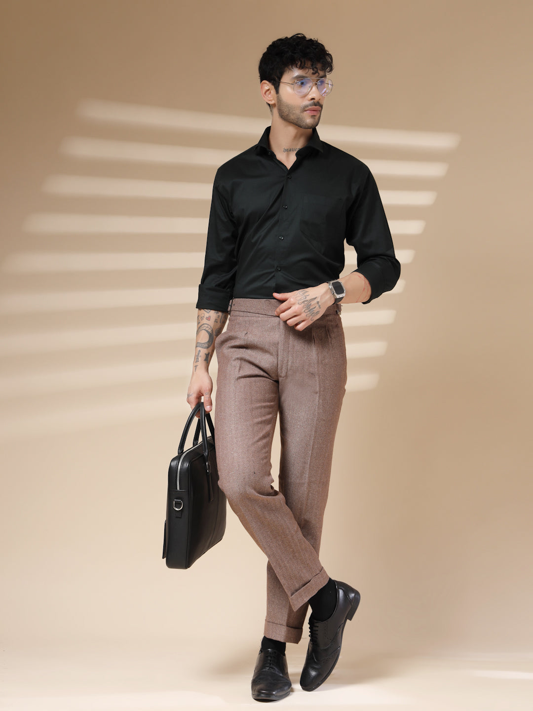 Khakhi Classic Buckle Herringbone Gurkha Pants | Boot Cut Fit by ITALIAN VEGA®
