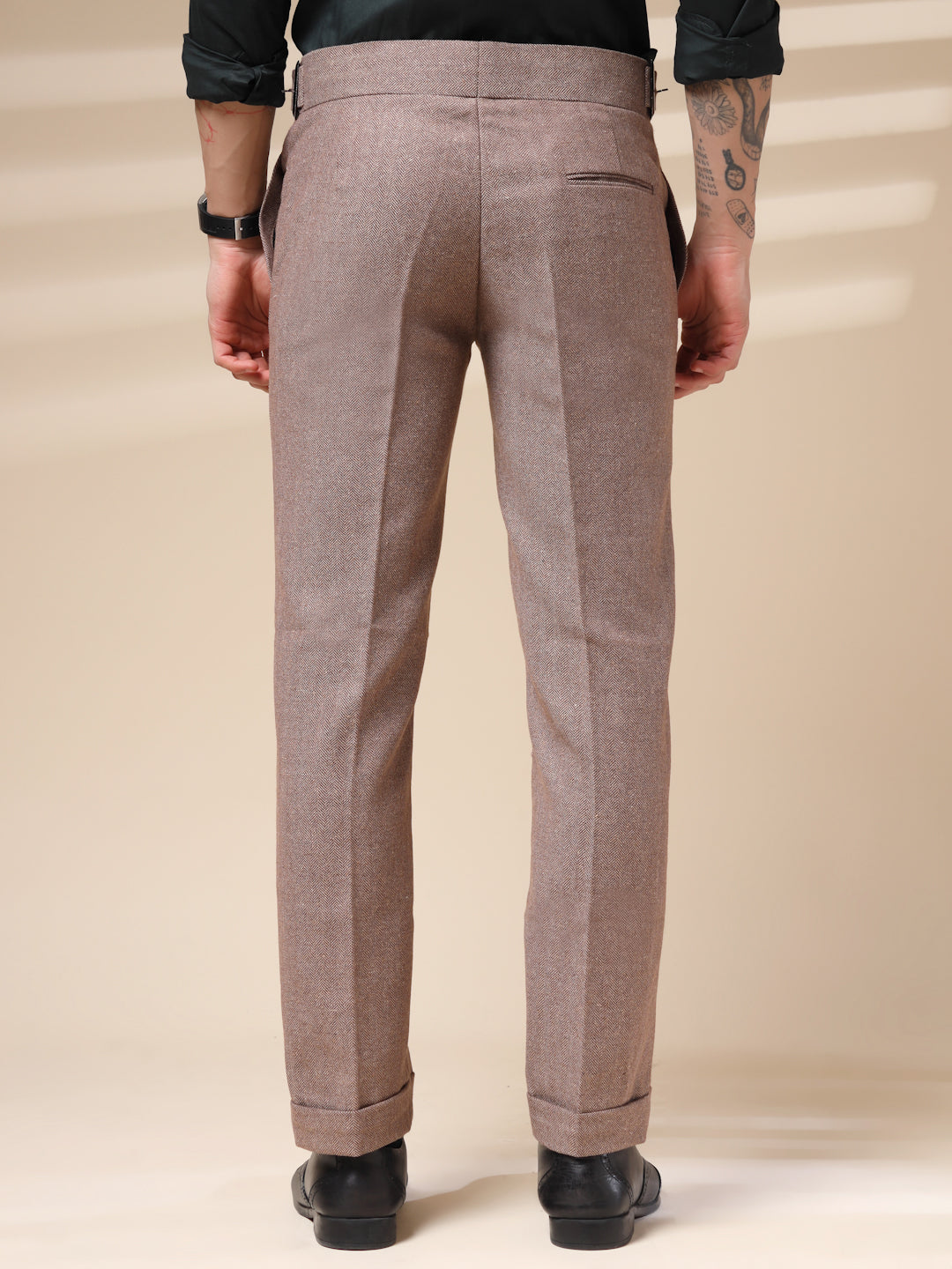 Khakhi Classic Buckle Herringbone Gurkha Pants | Boot Cut Fit by ITALIAN VEGA®