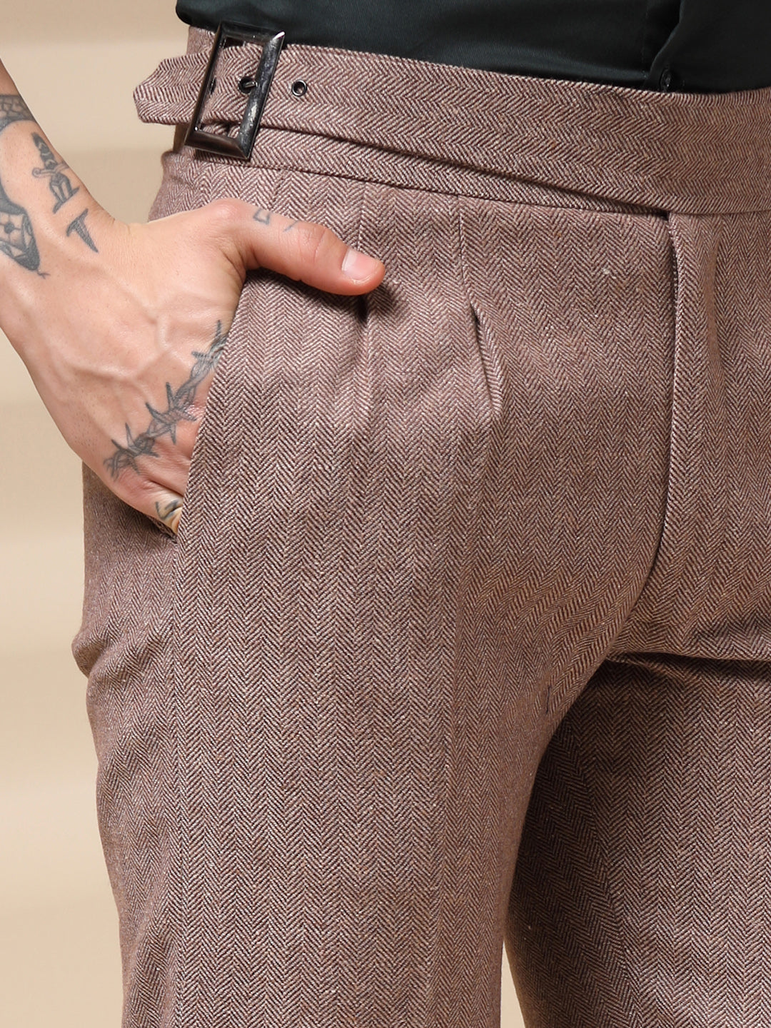 Khakhi Classic Buckle Herringbone Gurkha Pants | Boot Cut Fit by ITALIAN VEGA®