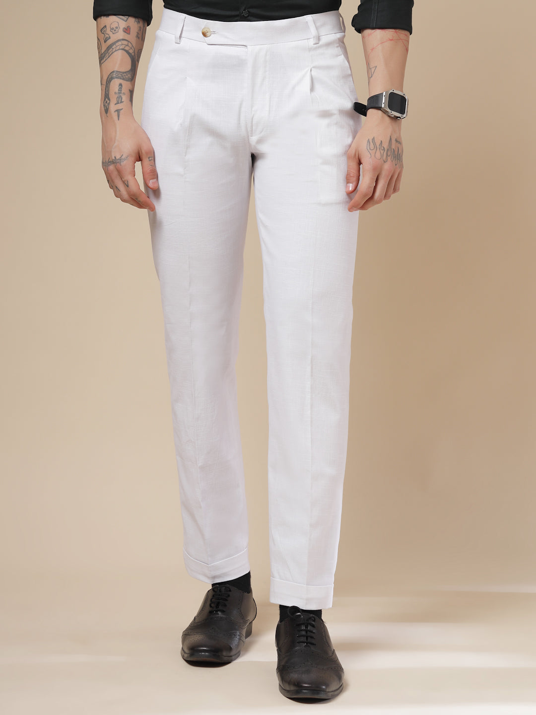 White Formal Pleated Linen Gurkha Pants | Boot Cut Fit by ITALIAN VEGA®