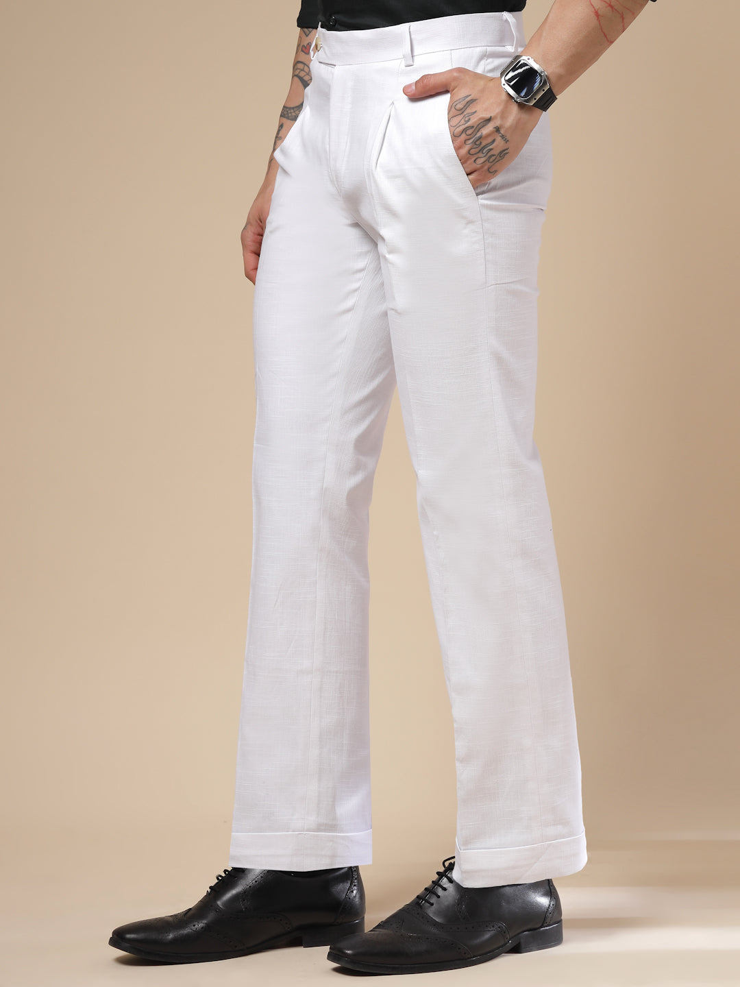 White Formal Pleated Linen Gurkha Pants | Boot Cut Fit by ITALIAN VEGA®