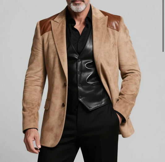 Luxury Beige Shoulder Patch PU Leather Blazer – Italian Vega®