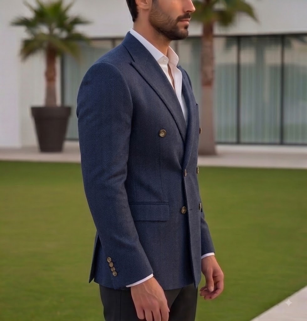 Navy Herringbone Double Breasted Blazer by Italian Vega®