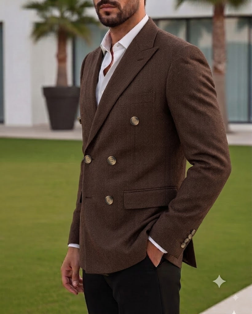 Brown Herringbone Double Breasted Blazer by Italian Vega®