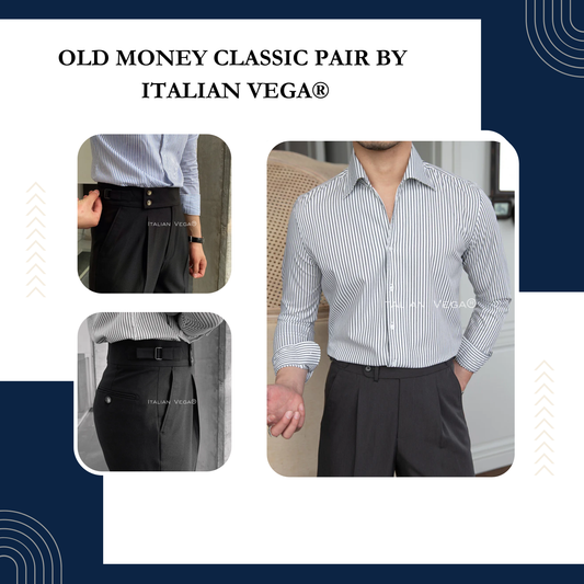 Old Money Grey Stripe Shirt with Black Signature Buttoned Gurkha Pant by ITALIAN VEGA®