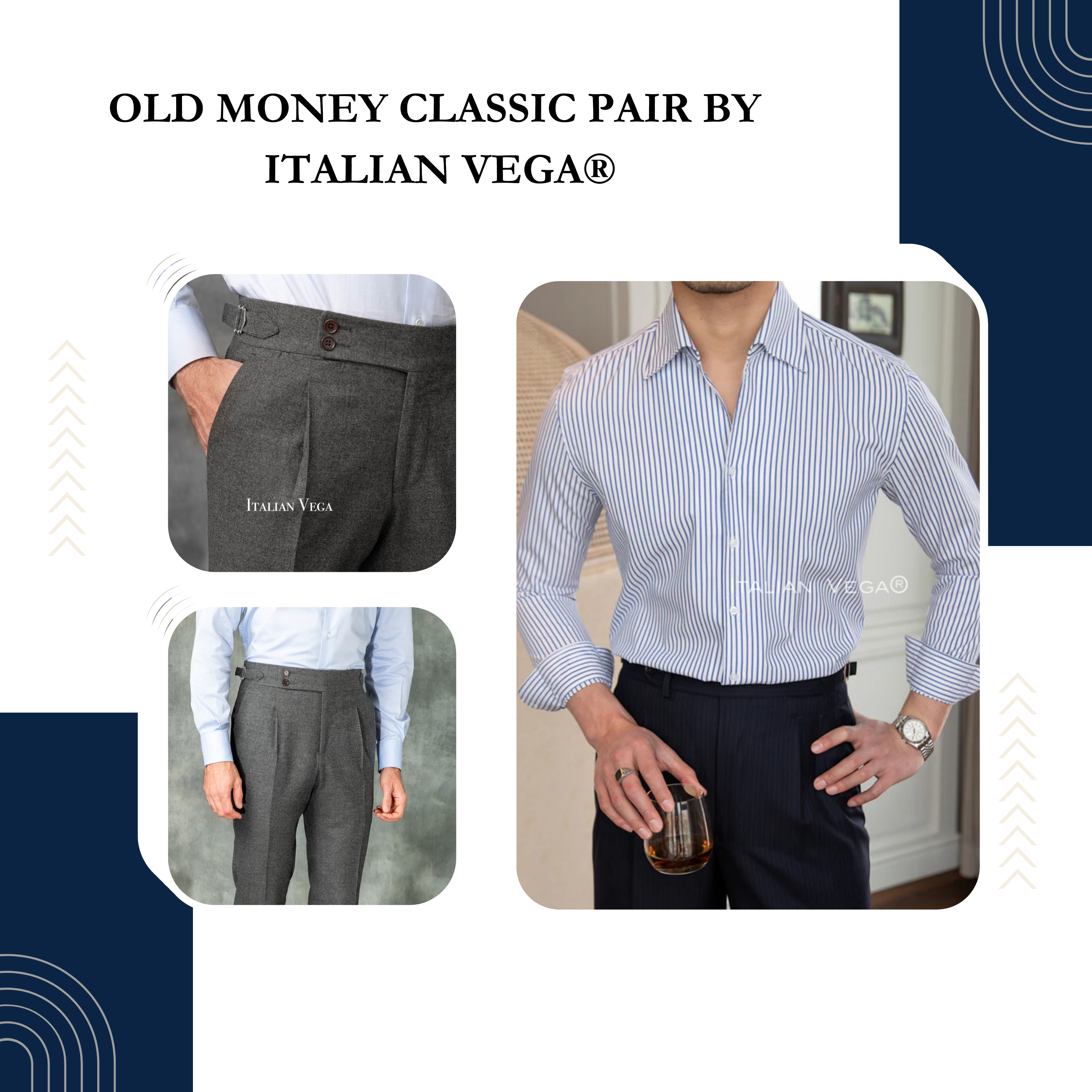 Old Money Navy Stripe Shirt with Anthracite Flannel Signature Buttoned Gurkha Pant by ITALIAN VEGA®