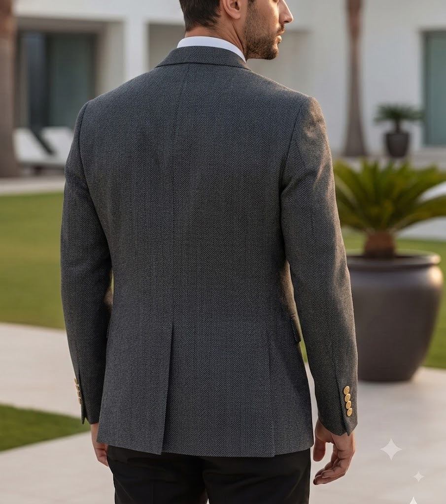 Grey Herringbone Double Breasted Blazer by Italian Vega®