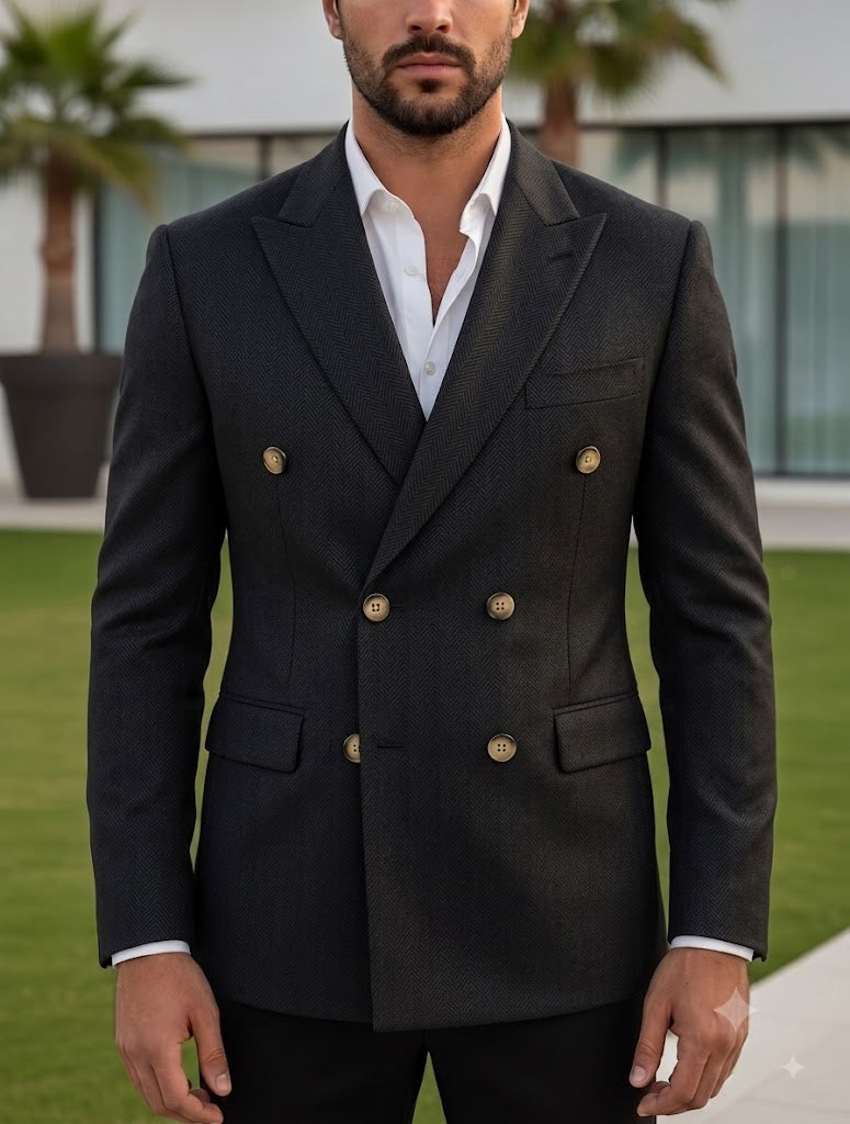 Black Herringbone Double Breasted Blazer by Italian Vega®