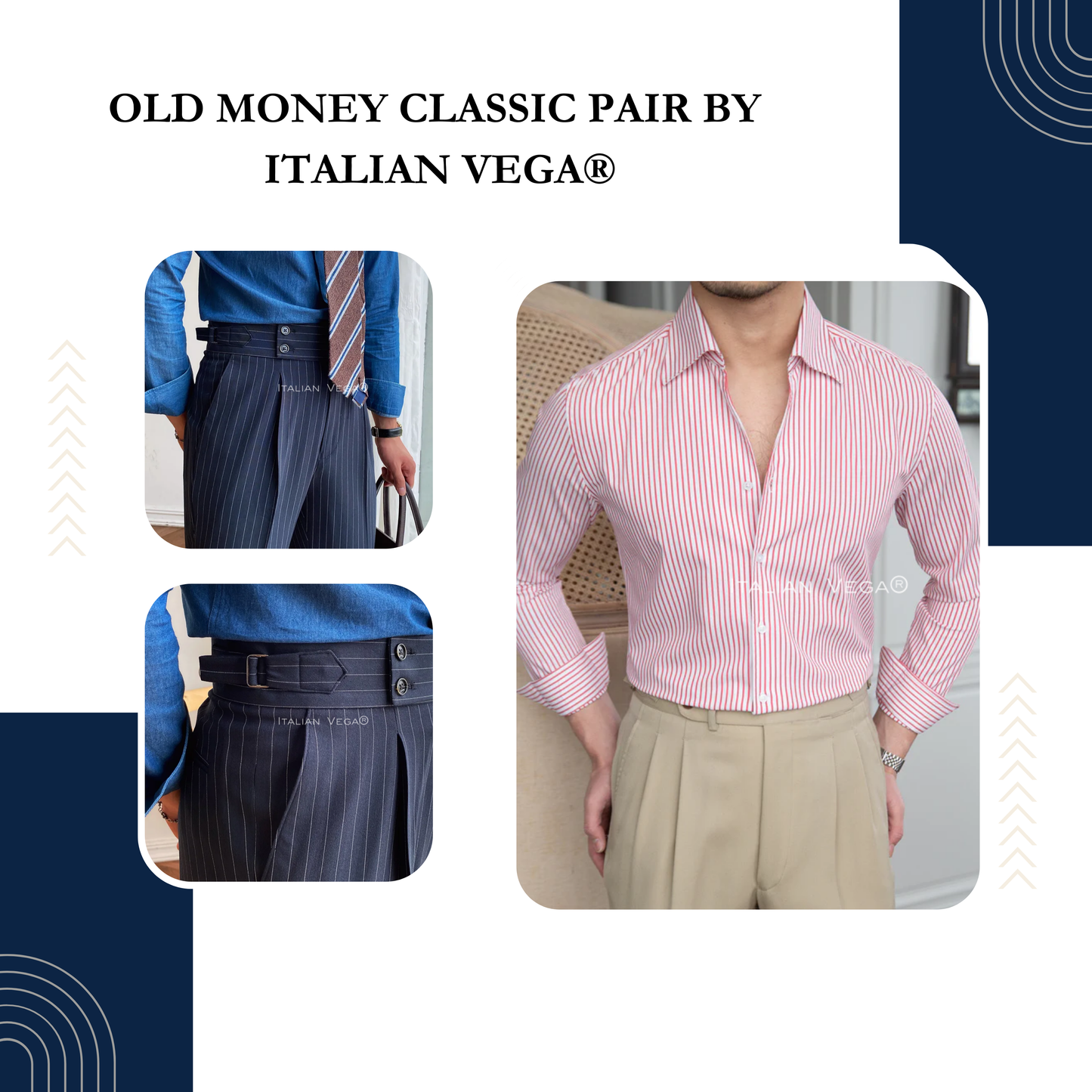 Old Money Crepe Stripe Shirt with Navy Stripe Signature Buttoned Gurkha Pant by ITALIAN VEGA®