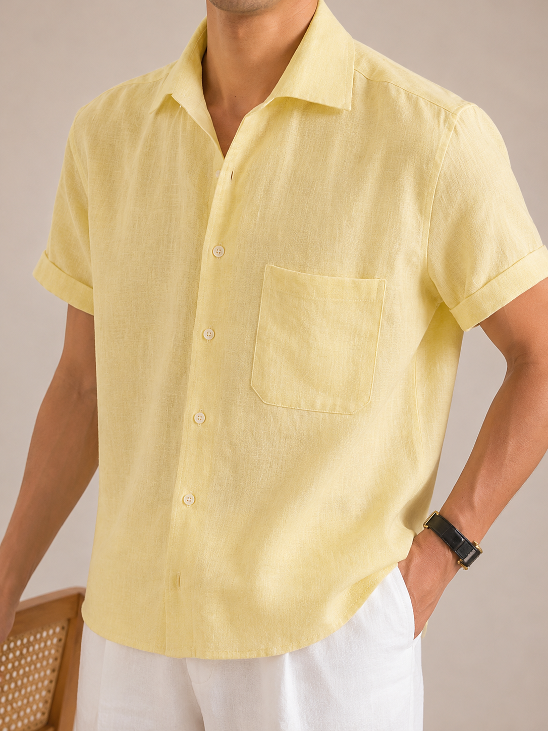 Italian Vega - Cut Away Collar Half Sleeve Linen Shirt - 003