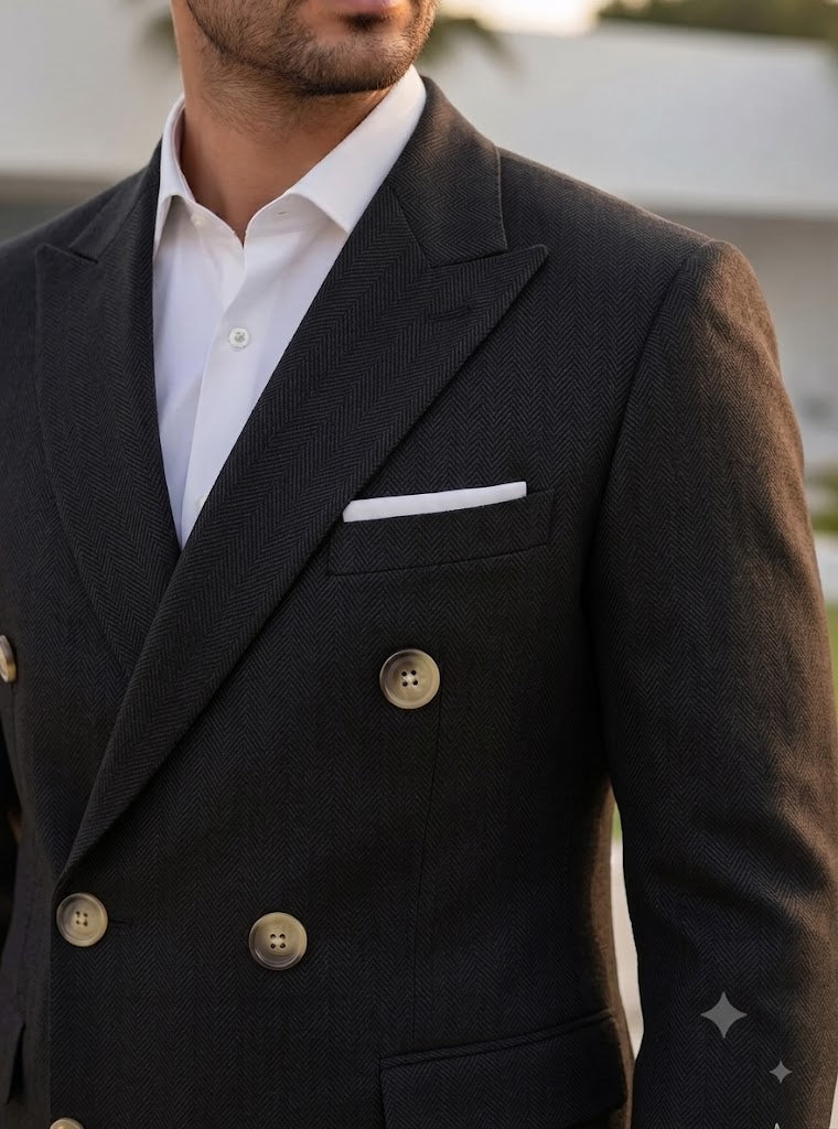 Black Herringbone Double Breasted Blazer by Italian Vega®