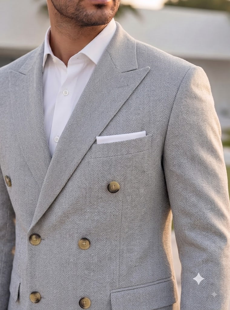 Light Grey Herringbone Double Breasted Blazer by Italian Vega®