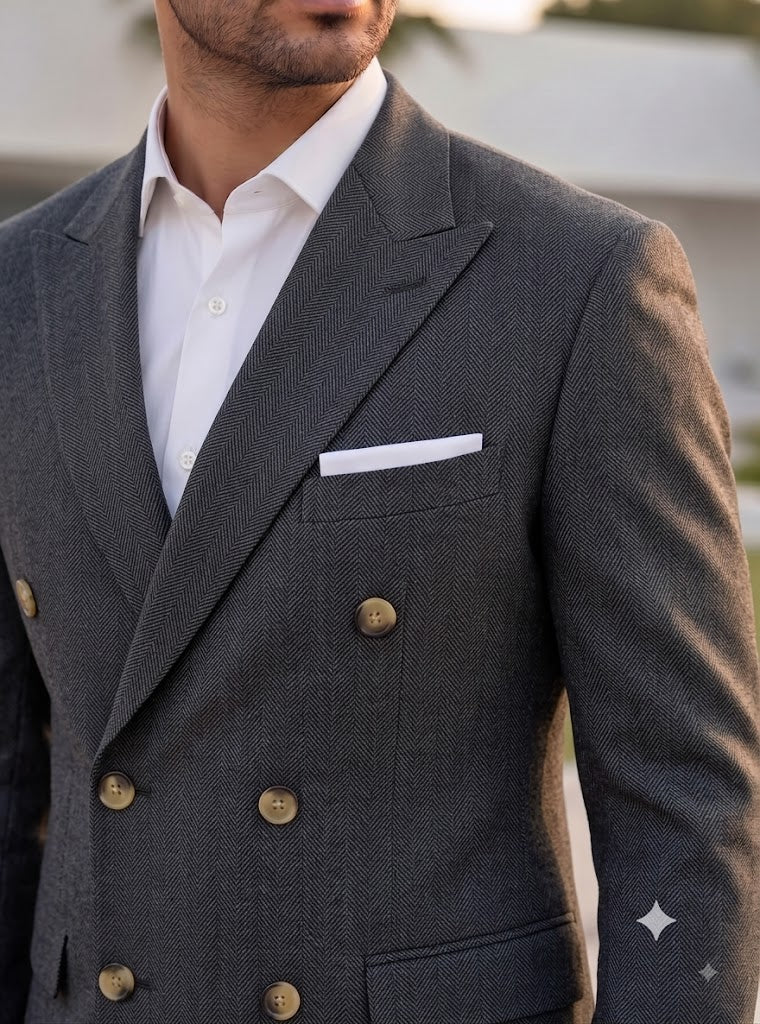 Grey Herringbone Double Breasted Blazer by Italian Vega®