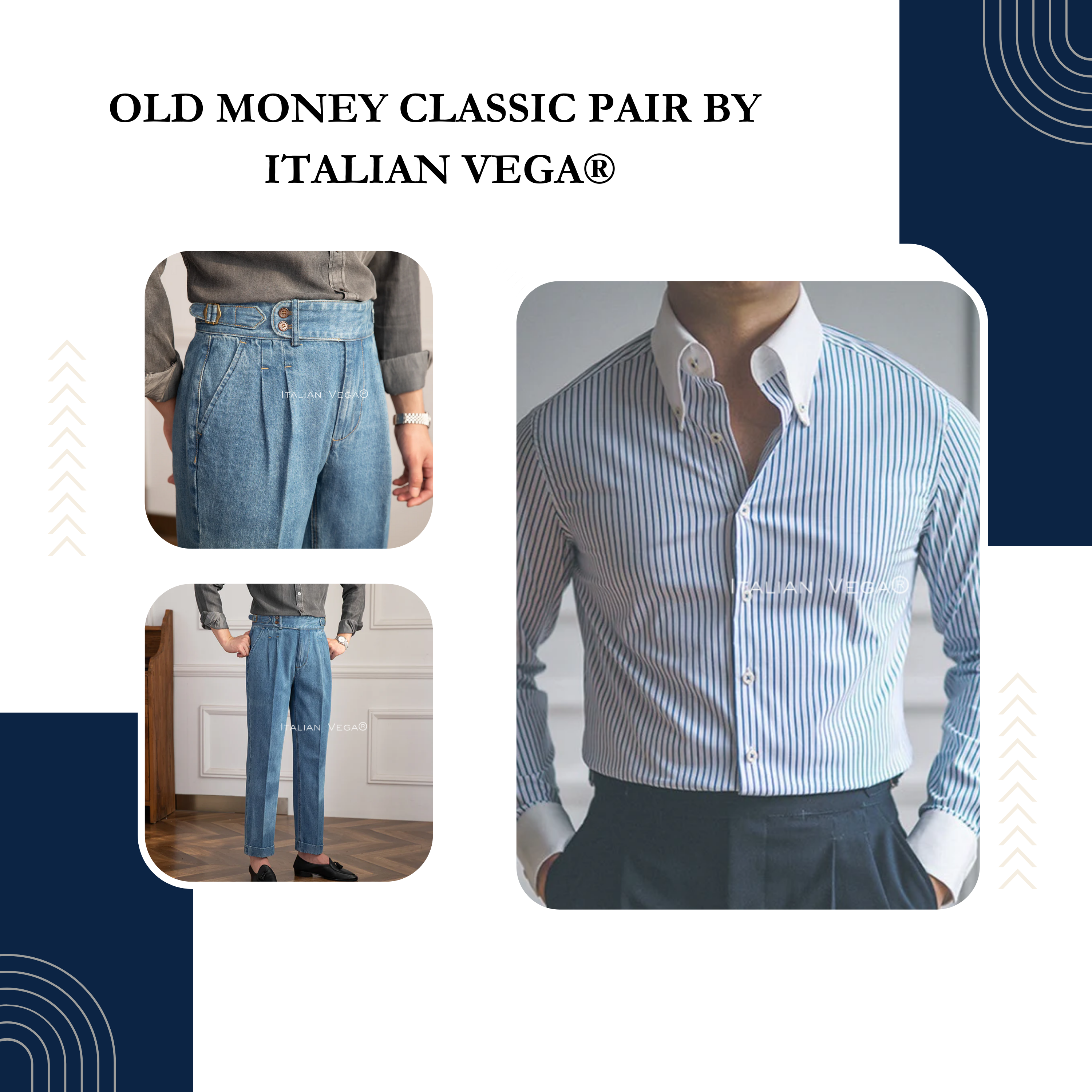 Old Money Classic Stripe Shirt with Sky Blue Denim Signature Buttoned Gurkha Pant by ITALIAN VEGA®