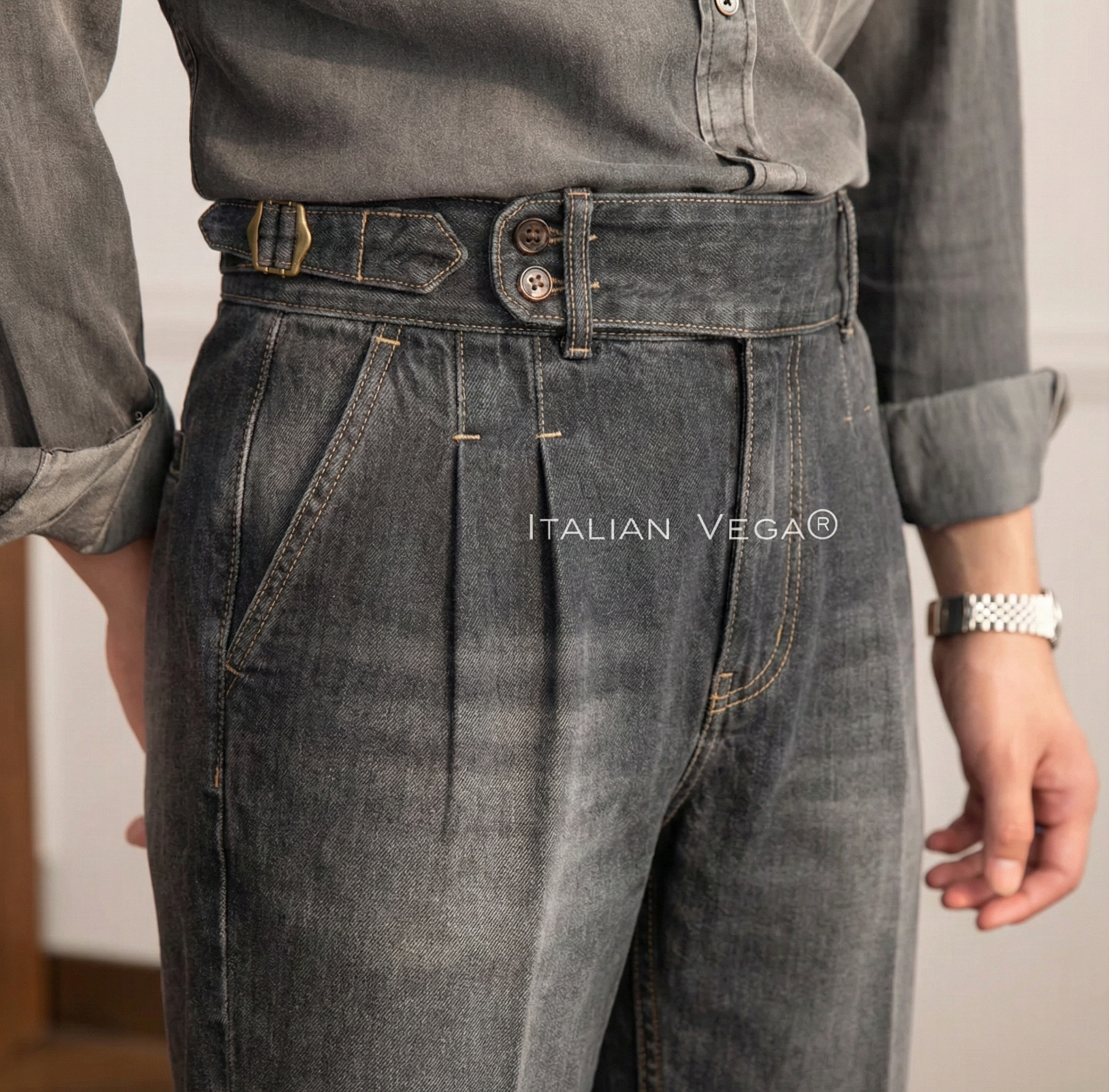 Anthracite Denim Signature Buttoned Gurkha Trouser Pants for Men by Italian Vega® (Limited Edition)