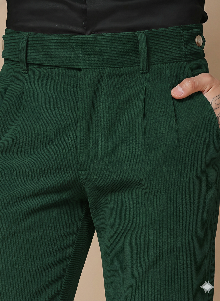 Bottle Green Corduroy Classic Button Gurkha Pants | Boot Cut Fit by ITALIAN VEGA®