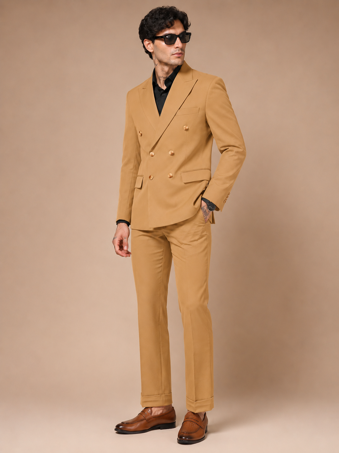 Camel Double Breasted 2 Piece Suit by Italian Vega®