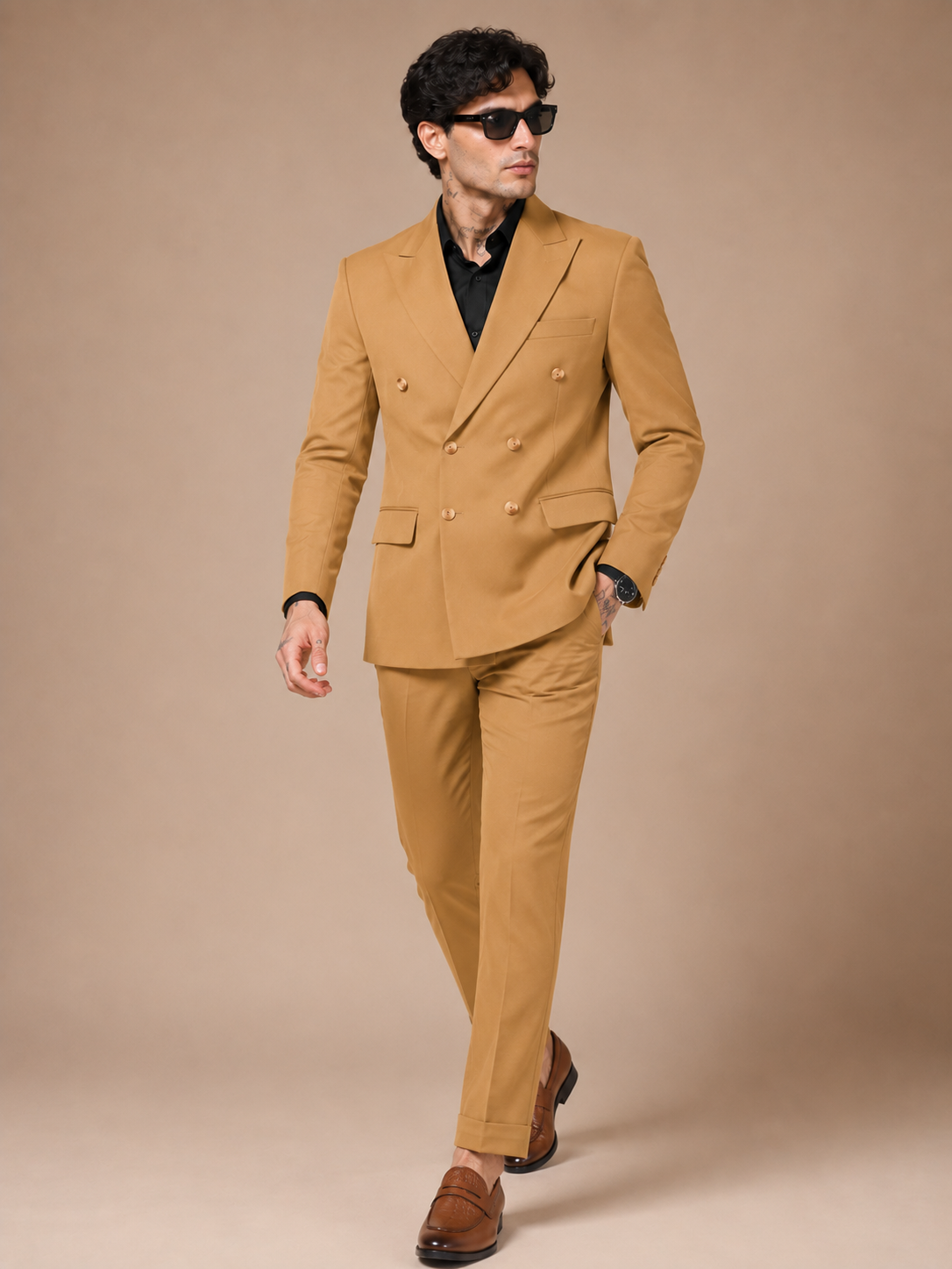 Camel Double Breasted 2 Piece Suit by Italian Vega®