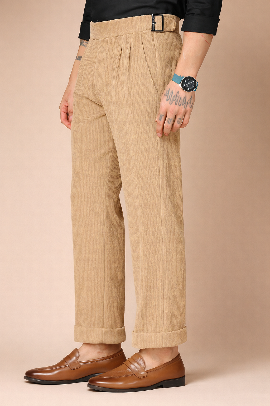 Khakhi Corduroy Classic Buckle Gurkha Pants | Boot Cut Fit by ITALIAN VEGA®