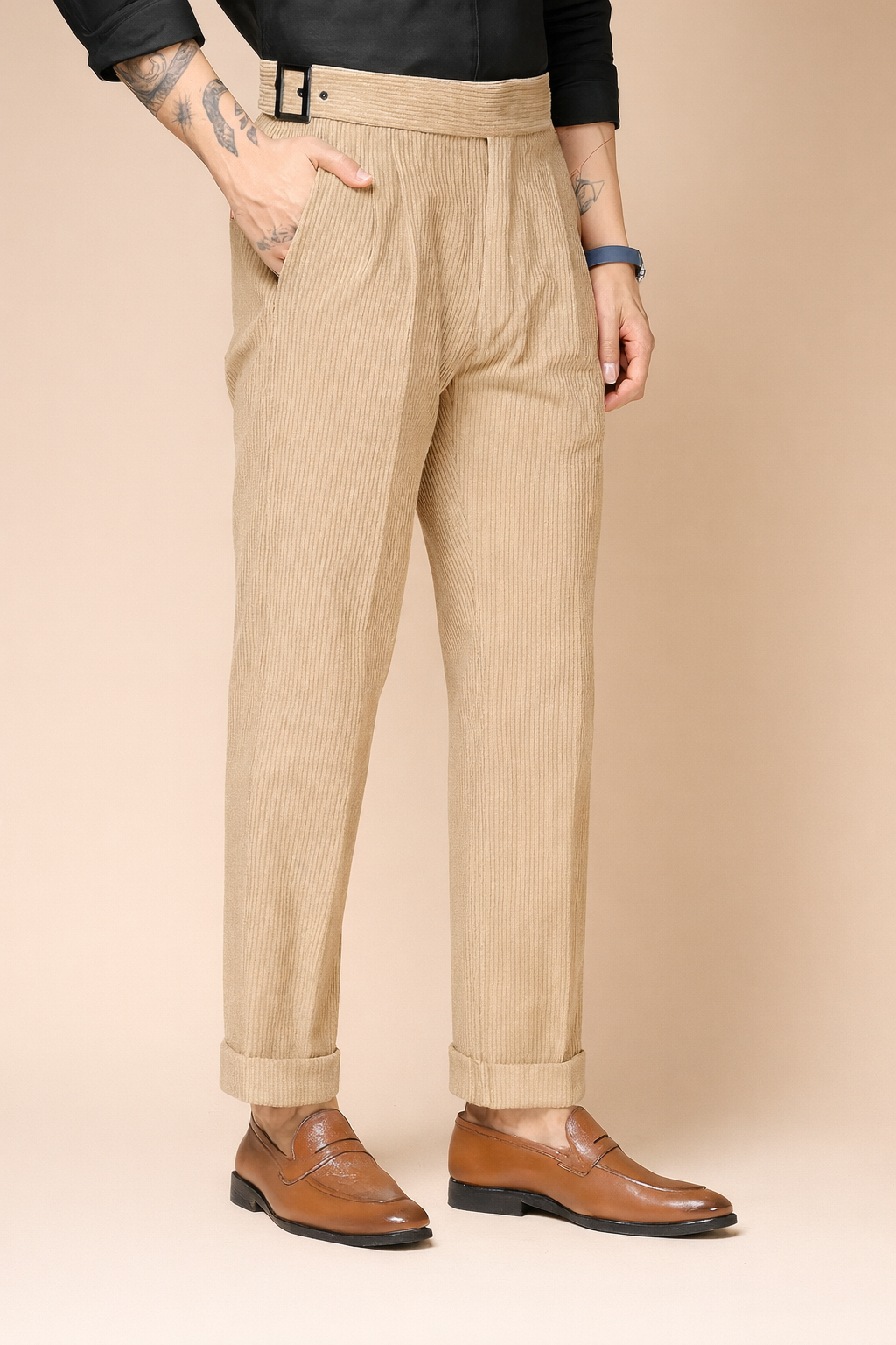 Khakhi Corduroy Classic Buckle Gurkha Pants | Boot Cut Fit by ITALIAN VEGA®