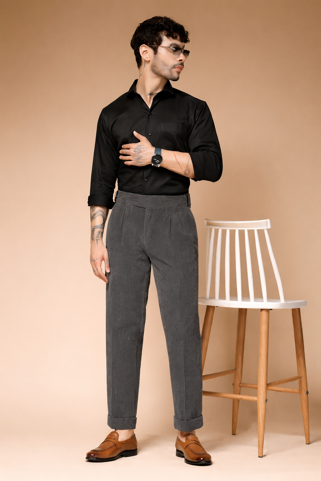 Dark Grey Corduroy Classic Buckle Gurkha Pants | Boot Cut Fit by ITALIAN VEGA®