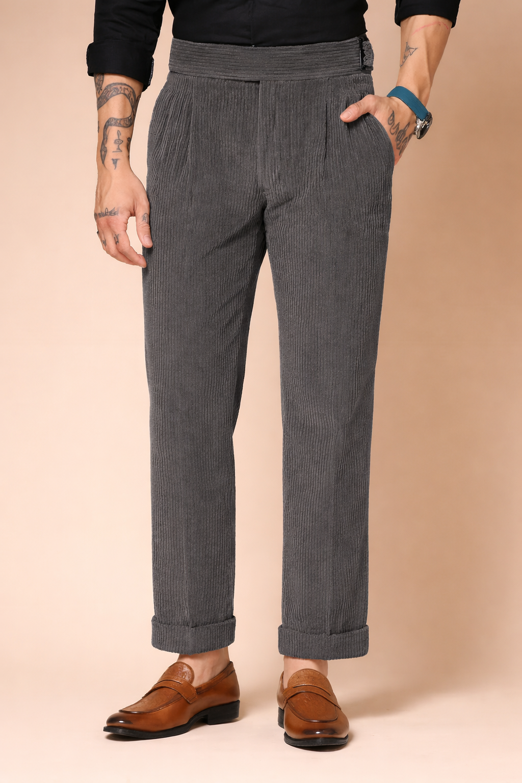 Dark Grey Corduroy Classic Buckle Gurkha Pants | Boot Cut Fit by ITALIAN VEGA®