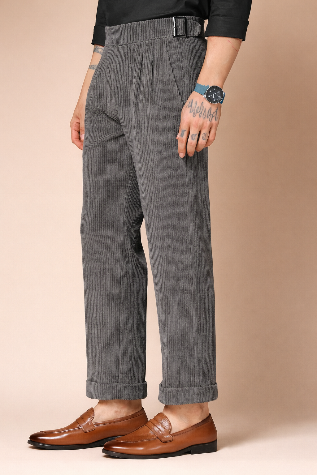 Dark Grey Corduroy Classic Buckle Gurkha Pants | Boot Cut Fit by ITALIAN VEGA®