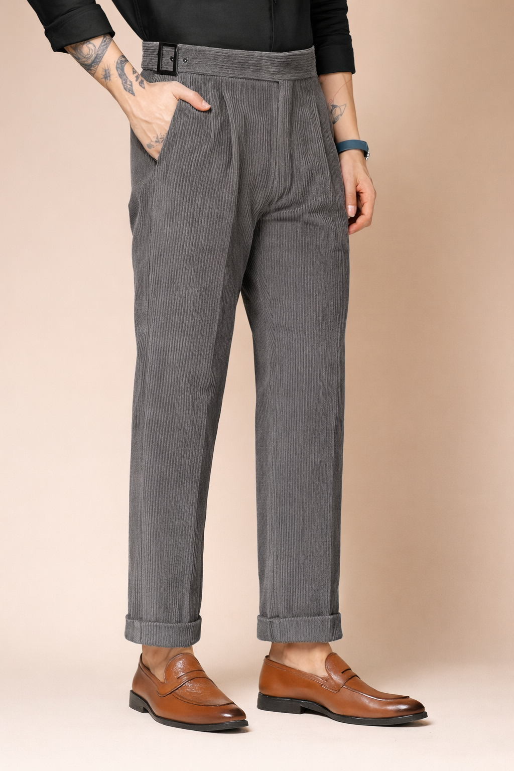 Dark Grey Corduroy Classic Buckle Gurkha Pants | Boot Cut Fit by ITALIAN VEGA®