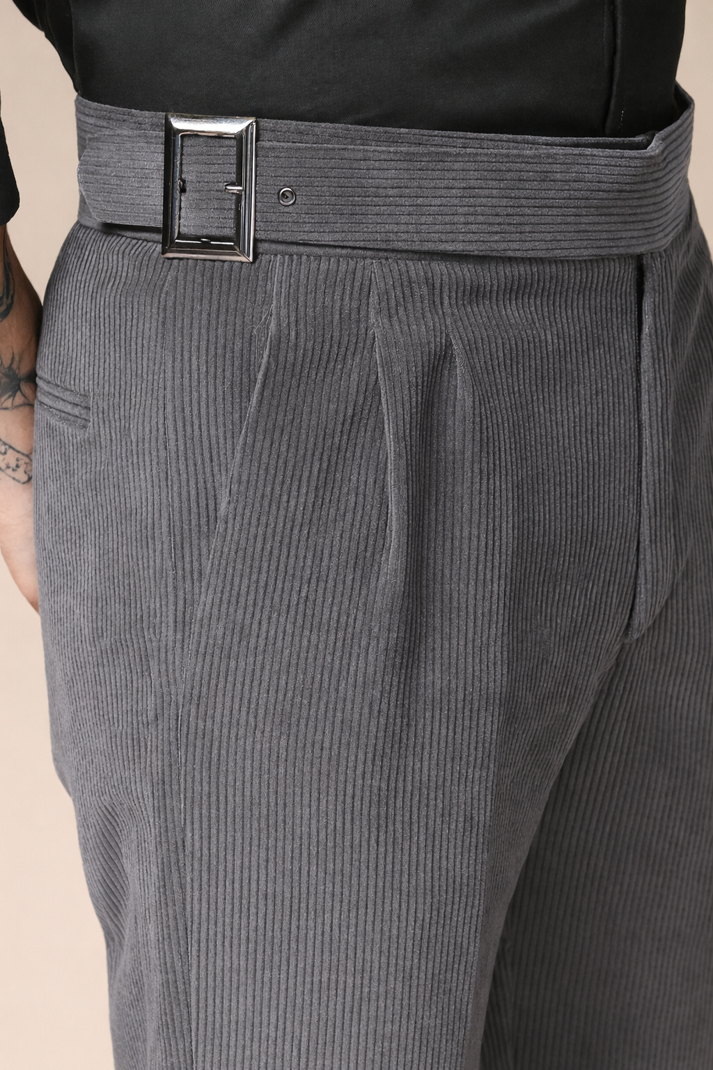 Dark Grey Corduroy Classic Buckle Gurkha Pants | Boot Cut Fit by ITALIAN VEGA®